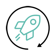 Software Lifecycle Management Rakete in Kreis mit Pfeil